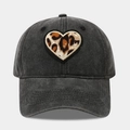 Vintage washed black baseball cap featuring a heart-shaped leopard print patch on the front - Adjustable / Leopard Heart Style