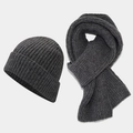 Winter two-piece set featuring thick dark grey striped ribbed knit beanie and matching scarf - Dark Gray