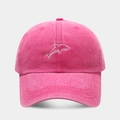 Detailed close-up of rose pink washed cotton baseball cap with dolphin embroidery - Adjustable / Rose Red