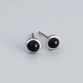 Elegant S925 silver stud earrings featuring round black agate beads with polished finish - Black Agate
