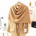 Classic camel cashmere-feel scarf with tassels paired with a stylish beige wool coat - 200*70cm / Fluffy Warm Tassel Style / Light Camel