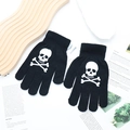 Black knitted fingerless gloves featuring a white skull and crossbones pattern for winter - One Size / Full Finger Bone Skeleton