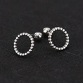 Macro view of silver stainless steel beaded hoop earrings with secure screw-on ball backings - Circle / Steel