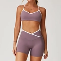 Mauve sportset met hoge gekruiste taille en witte contrasterende bies voor dames - M / Taro Paars (Beha+Shorts)