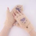 Beige faux mink fur knit gloves with purple cat paw pads and convertible flap design - One Size / Light Khaki & Grey