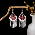 Ethnic teardrop silver alloy earrings with red pattern and metal leaf tassels - Silver Red Water Drop Leaf Tassel(E5901)