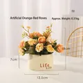 Artificial orange-red rose bonsai in beige ceramic pot with Life Life text, 18cm height - Orange Rose - Life Pot Artificial Flower Ornament