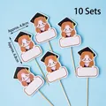 Set of 10 graduation cake toppers featuring cartoon girls in caps with 4.8x6.8cm size - Writable Doctoral Hat Girl 60 Pcs