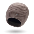 Winter thermal knit beanie in taupe with Sport patch and thick fleece lining for men - Hat Only / Khaki