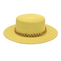Détail chapeau de paille jaune à sommet plat avec grosse chaîne dorée en acrylique - Jaune Néon