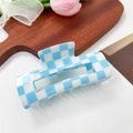 Light blue and white checkerboard rectangle hair claw clip with cutout geometric design - 10.5cm / Blue & White Checkerboard