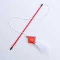 Chinese New Year cat wand toy with red Fu character plush pendant and white feathers - Blessing Bag