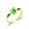 Adjustable golden open ring featuring green teardrop cat-eye stone and marquise gems - Ring-Green