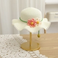 Detail of kids straw sun hat with white lace trim and handmade crochet flower accents - S (Kids 52cm) / Hat Only / Cream