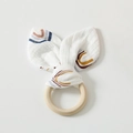 Baby wooden teething ring with white cotton rabbit ears and minimalist rainbow pattern - Rainbow