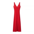 Detail shot of a red V-neck knitted dress featuring textured weave and a front split hem - XS / Red