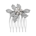 Vintage silver hair comb with delicate leaf design and five white pearl accents - H20 Bright Silver