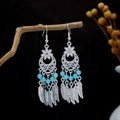 Bohemian silver earrings with blue turquoise beads and feather tassels on wood - Blue Silver (E2538-8)