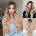 Multi-angle views of long wavy ombre blonde wig featuring dark roots and voluminous curls - Ombre Platinum