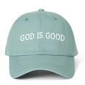 Detail shot of white God Is Good embroidery on a mint green cotton baseball cap - One Size / Aqua Green