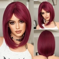 Chic burgundy bob wig with side-parted bangs made of natural synthetic fiber - Grape Wine Red (16 Inch)