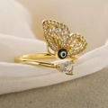 Elegant gold butterfly open ring with pearls, zircons and evil eye motif details - 13169 / Black Eye