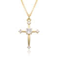 Macro shot of gold cross pendant with five inlaid zircon stones and polished O-chain link - Five-Stone Delicate Cross (B240)