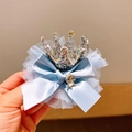 Light blue princess bow hair clip with silver sequin crown and delicate lace detail - Blue