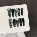 Uñas postizas góticas con serpiente y luna, dijes metálicos 3D y efecto ojo de gato azul - Grande (L)