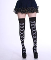 Halloween costume black over-knee stockings with white crossbones pattern - One Size / White Crossbone