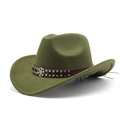 Détail d'un chapeau de cowboy en feutre olive avec bandeau cuir et rivets vintage - Vert Armée