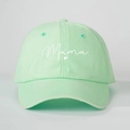 Macro detail of embroidered white Mama script and heart on mint green cotton baseball cap - Light Green