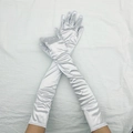 Detail of long white satin gloves with smooth texture for vintage 1920s wedding party - One Size / White