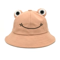 Detailed close-up of pink frog bucket hat with 3D eyes and smile embroidery - M(56-58cm) / Pink