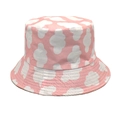 Detailed view of pink bucket hat with white cloud patterns on smooth cotton fabric - M (56-58cm) / Pink