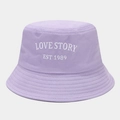 Detail of lavender cotton bucket hat with white Love Story letter embroidery - One Size / Light Purple