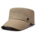 Khaki quick-dry military flat top hat for men with side metal badge and reinforced brim - Adjustable / Khaki