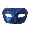 Men's Venetian half face mask in matte black with blue glitter vine patterns - Black Blue