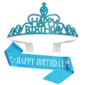 Detailed view of turquoise glitter birthday sash and rhinestone crystal crown set - Set / Silver Blue Set