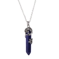 Silver flower necklace with dark blue hexagonal crystal pendant on white background - Dyed Lapis Lazuli