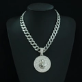 Silver iced-out Cuban chain necklace with a round rhinestone pendant and Charles engraving - Aquarius with 18inch Cuban Chain / Silver