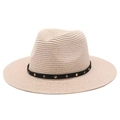 Beige wide brim woven straw hat featuring a black band with silver and gold studs - M (56-58cm) / Pink