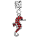 Silver seahorse charm with red rhinestones and large hole for DIY bracelets - Red Rhinestone Seahorse Charm (Silver Metal)