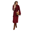 Elegant wine red long wool coat for women with lapel collar and waist tie belt - Burgundy