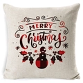 Linen Christmas pillowcase with snowman design and red plaid Merry Christmas text - A-17