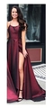 Elegant wine red satin evening gown with thin straps and a high side split design - US size 2 (S) / Wine Red Style B