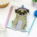 Detail of laser glitter notebook cover featuring a cute pug unicorn with purple spiral - Dog