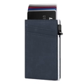 Dark blue leather credit card holder with pop-up mechanism and carbon fiber metal frame - Blue Plain