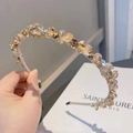 Detailed close-up of handmade headband with champagne crystals and ivory pearls - Style SJ001 / Champagne