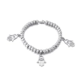 Silbernes Perlenarmband mit drei Hamsa-Hand-Anhängern und poliertem Finish - Stahlfarbener Perlmuttschmuck Mit Drei Hamsa-Händen (KB148870-Z)